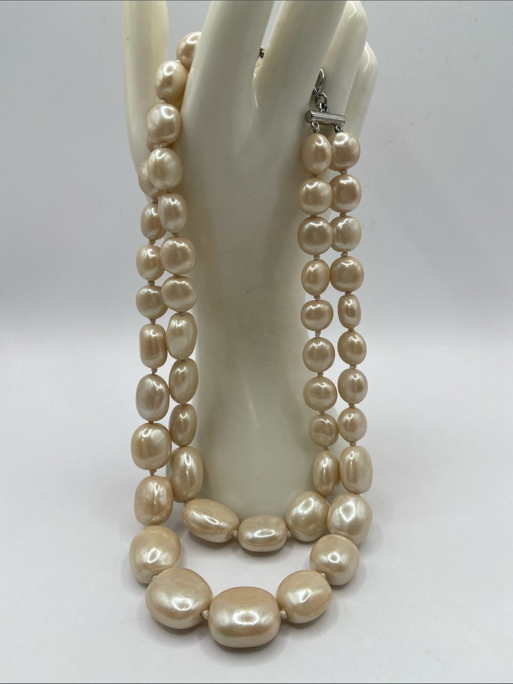 Double Strand Individually Knotted Faux Baroque Pearl Necklace 18”L Feminine - Picture 7 of 7